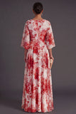 A Line Blue Floral Flutter Sleeves Long Wedding Guest Dress
