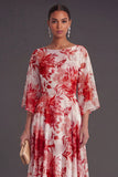 A Line Blue Floral Flutter Sleeves Long Wedding Guest Dress