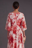 A Line Blue Floral Flutter Sleeves Long Wedding Guest Dress
