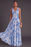 Blue Floral A Line V Neck Long Wedding Guest Dress