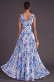 Blue Floral A Line V Neck Long Wedding Guest Dress