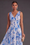 Blue Floral A Line V Neck Long Wedding Guest Dress