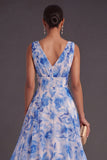 Blue Floral A Line V Neck Long Wedding Guest Dress
