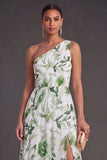 Green Ruched Floral A Line Long Wedding Guest Dress with Slit