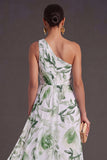 Green Ruched Floral A Line Long Wedding Guest Dress with Slit