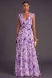 Ruched A Line Purple Floral Long Wedding Guest Dress
