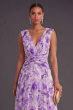 Ruched A Line Purple Floral Long Wedding Guest Dress