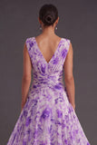 Ruched A Line Purple Floral Long Wedding Guest Dress