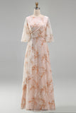 Champagne A Line Floral Ruffled Long Wedding Guest Dress with Sleeves