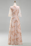 Champagne A Line Floral Ruffled Long Wedding Guest Dress with Sleeves