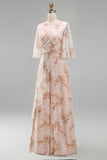 Champagne A Line Floral Ruffled Long Wedding Guest Dress with Sleeves