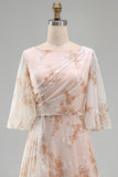 Champagne A Line Floral Ruffled Long Wedding Guest Dress with Sleeves
