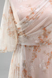 Champagne A Line Floral Ruffled Long Wedding Guest Dress with Sleeves