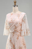 Champagne A Line Floral Ruffled Long Wedding Guest Dress with Sleeves