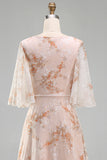 Champagne A Line Floral Ruffled Long Wedding Guest Dress with Sleeves