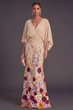 Champagne Mermaid Floral Long Formal Dress with Sleeves