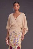 Champagne Mermaid Floral Long Formal Dress with Sleeves
