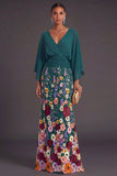 Champagne Mermaid Floral Long Formal Dress with Sleeves