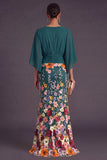 Champagne Mermaid Floral Long Formal Dress with Sleeves
