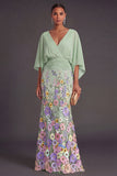 Champagne Mermaid Floral Long Formal Dress with Sleeves