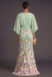 Champagne Mermaid Floral Long Formal Dress with Sleeves