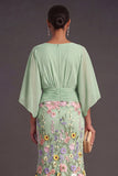 Champagne Mermaid Floral Long Formal Dress with Sleeves