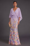 Champagne Mermaid Floral Long Formal Dress with Sleeves