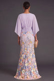 Champagne Mermaid Floral Long Formal Dress with Sleeves