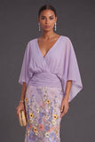 Champagne Mermaid Floral Long Formal Dress with Sleeves