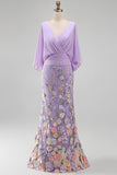 Champagne Mermaid Floral Long Formal Dress with Sleeves