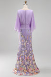 Champagne Mermaid Floral Long Formal Dress with Sleeves
