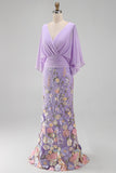 Champagne Mermaid Floral Long Formal Dress with Sleeves