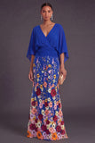 Champagne Mermaid Floral Long Formal Dress with Sleeves