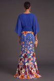 Champagne Mermaid Floral Long Formal Dress with Sleeves