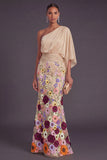 Champagne Mermaid Floral Embroidery One Shoulder Long Formal Dress with Sleeves