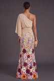 Champagne Mermaid Floral Embroidery One Shoulder Long Formal Dress with Sleeves
