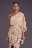 Champagne Mermaid Floral Embroidery One Shoulder Long Formal Dress with Sleeves
