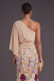 Champagne Mermaid Floral Embroidery One Shoulder Long Formal Dress with Sleeves