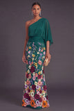 Champagne Mermaid Floral Embroidery One Shoulder Long Formal Dress with Sleeves