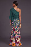 Champagne Mermaid Floral Embroidery One Shoulder Long Formal Dress with Sleeves