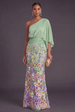 Champagne Mermaid Floral Embroidery One Shoulder Long Formal Dress with Sleeves