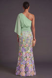 Champagne Mermaid Floral Embroidery One Shoulder Long Formal Dress with Sleeves