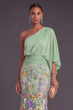 Champagne Mermaid Floral Embroidery One Shoulder Long Formal Dress with Sleeves