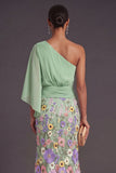 Champagne Mermaid Floral Embroidery One Shoulder Long Formal Dress with Sleeves
