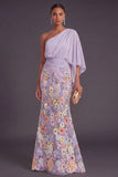 Champagne Mermaid Floral Embroidery One Shoulder Long Formal Dress with Sleeves