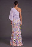 Champagne Mermaid Floral Embroidery One Shoulder Long Formal Dress with Sleeves