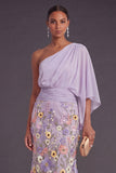 Champagne Mermaid Floral Embroidery One Shoulder Long Formal Dress with Sleeves