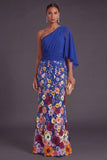 Champagne Mermaid Floral Embroidery One Shoulder Long Formal Dress with Sleeves