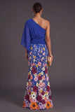 Champagne Mermaid Floral Embroidery One Shoulder Long Formal Dress with Sleeves