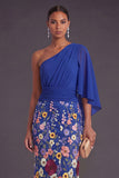 Champagne Mermaid Floral Embroidery One Shoulder Long Formal Dress with Sleeves